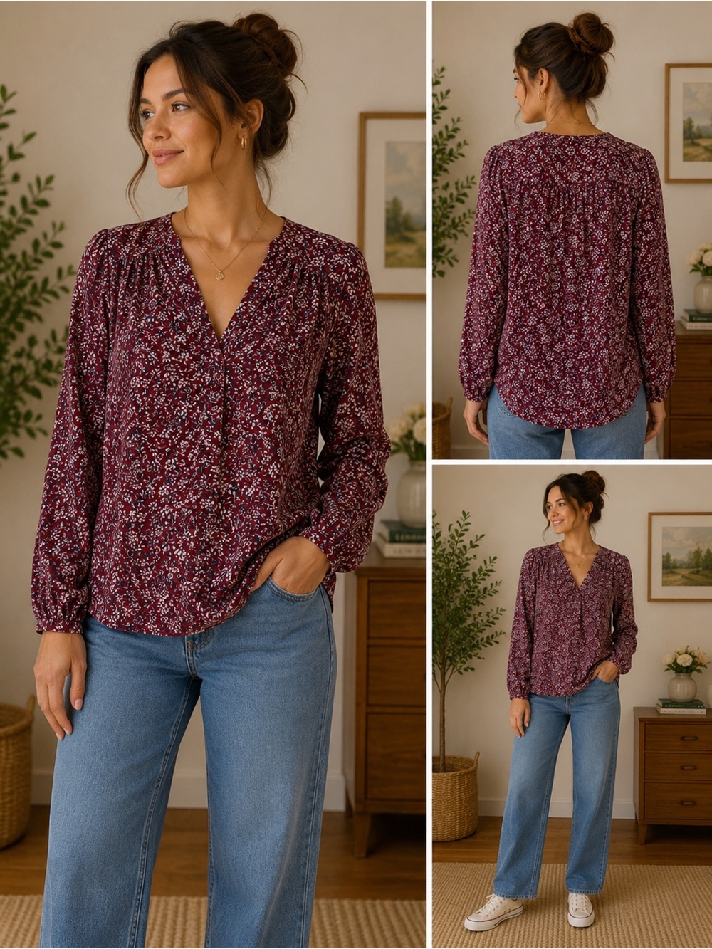 J.Crew Burgundy Ditsy Floral Boho Cottagecore Blouse Medium